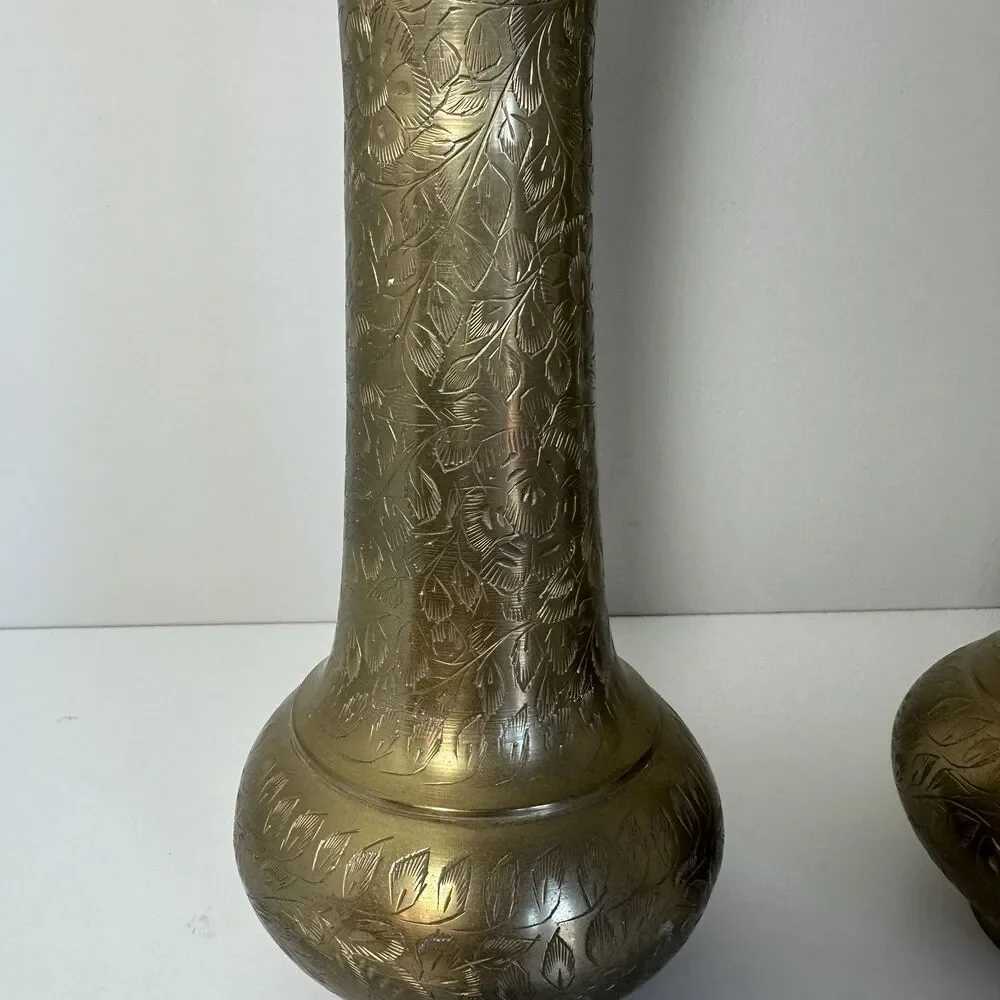 Vintage Pair Etched Brass Vases 11.5” Floral Engraved Made in India Boho Decor